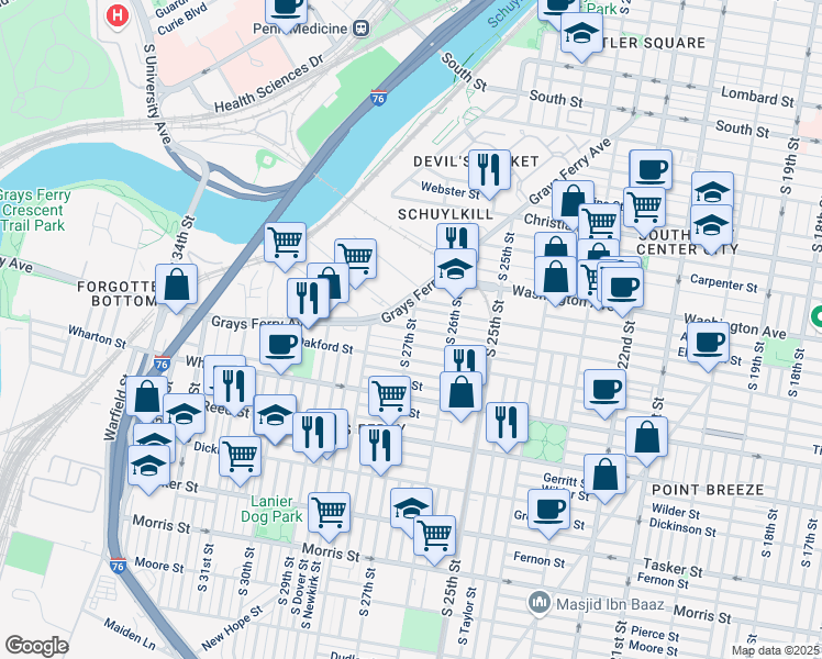 map of restaurants, bars, coffee shops, grocery stores, and more near Federal St & S 27th St in Philadelphia