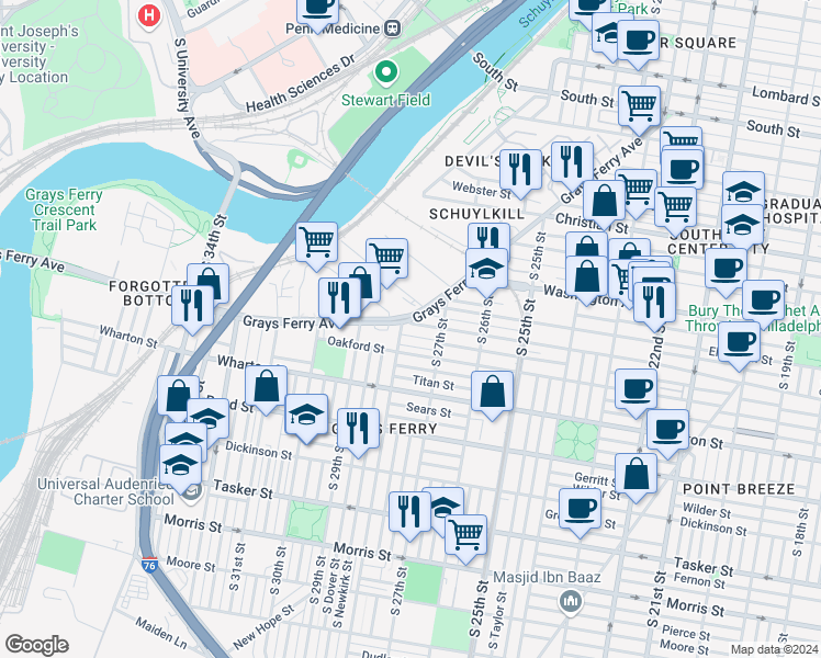 map of restaurants, bars, coffee shops, grocery stores, and more near 2719 Federal Street in Philadelphia
