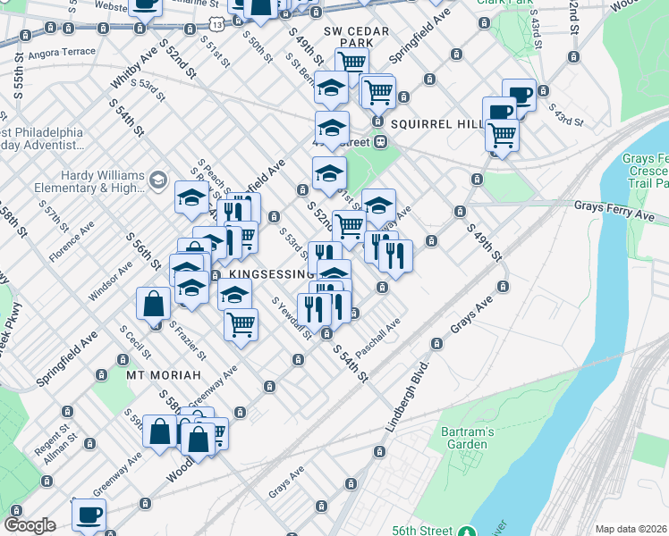 map of restaurants, bars, coffee shops, grocery stores, and more near 5246 Upland Street in Philadelphia