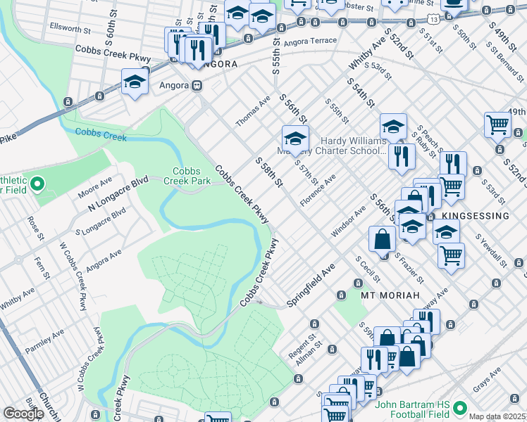 map of restaurants, bars, coffee shops, grocery stores, and more near 5837 Pentridge Street in Philadelphia