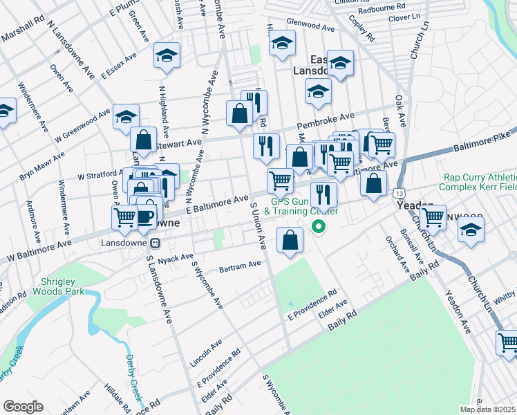 map of restaurants, bars, coffee shops, grocery stores, and more near 1 South Union Avenue in Lansdowne