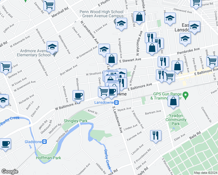 map of restaurants, bars, coffee shops, grocery stores, and more near 28 North Lansdowne Avenue in Lansdowne