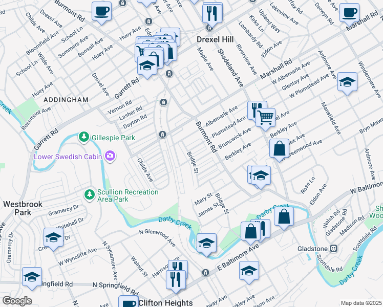 map of restaurants, bars, coffee shops, grocery stores, and more near 3842 Plumstead Avenue in Drexel Hill