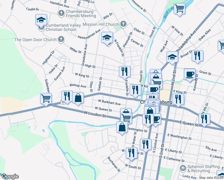map of restaurants, bars, coffee shops, grocery stores, and more near 272 Martin Avenue in Chambersburg