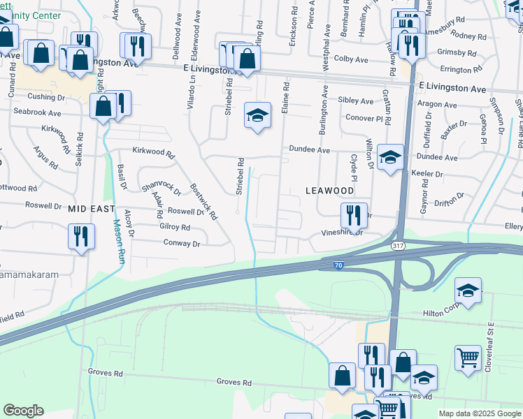 map of restaurants, bars, coffee shops, grocery stores, and more near 1704 Carstare Drive in Columbus