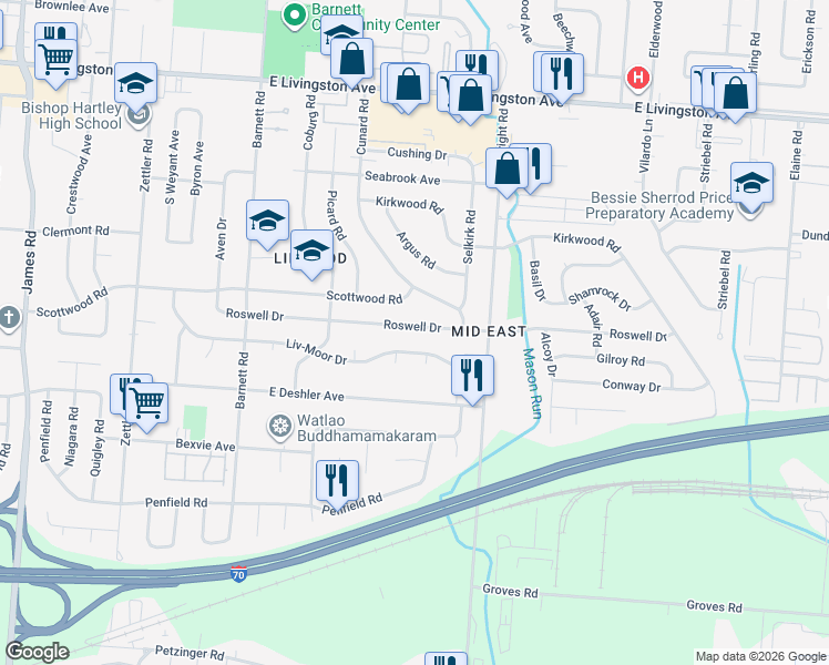 map of restaurants, bars, coffee shops, grocery stores, and more near 3523 Roswell Drive in Columbus