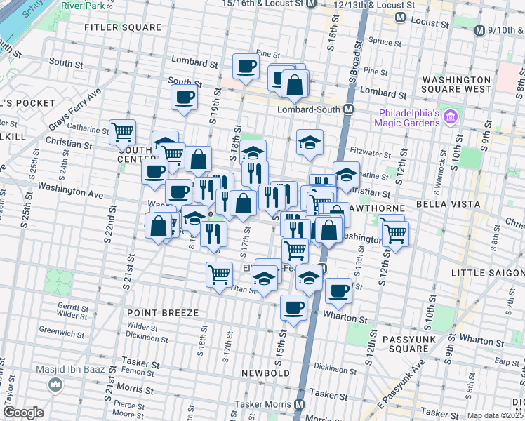 map of restaurants, bars, coffee shops, grocery stores, and more near 1027 South Chadwick Street in Philadelphia