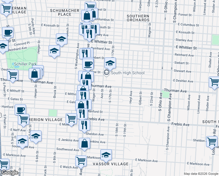 map of restaurants, bars, coffee shops, grocery stores, and more near 599 Thurman Avenue in Columbus