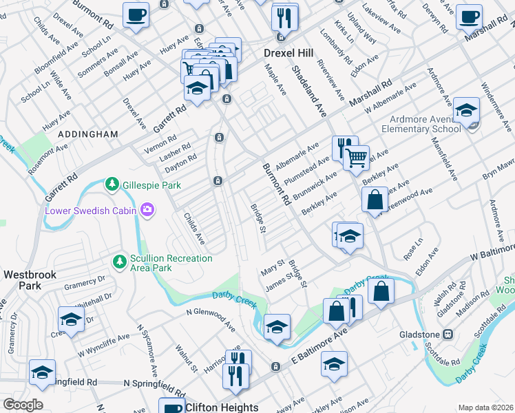 map of restaurants, bars, coffee shops, grocery stores, and more near 3842 Plumstead Avenue in Drexel Hill