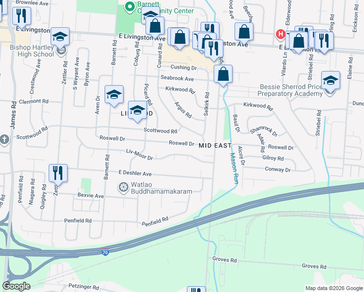 map of restaurants, bars, coffee shops, grocery stores, and more near 3523 Roswell Drive in Columbus