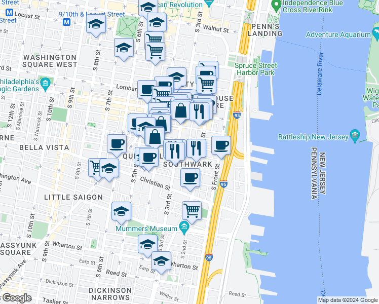 map of restaurants, bars, coffee shops, grocery stores, and more near 223 Fitzwater Street in Philadelphia