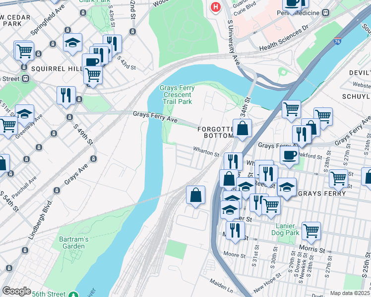 map of restaurants, bars, coffee shops, grocery stores, and more near 3624 Wharton Street in Philadelphia