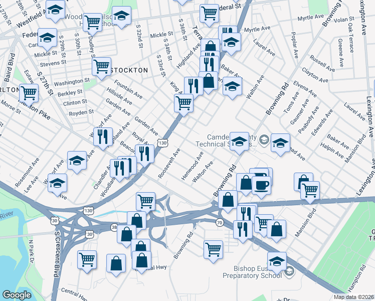 map of restaurants, bars, coffee shops, grocery stores, and more near 4119 Garden Avenue in Pennsauken