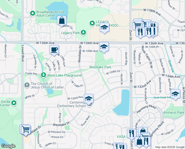 map of restaurants, bars, coffee shops, grocery stores, and more near 2985 West 134th Court in Broomfield