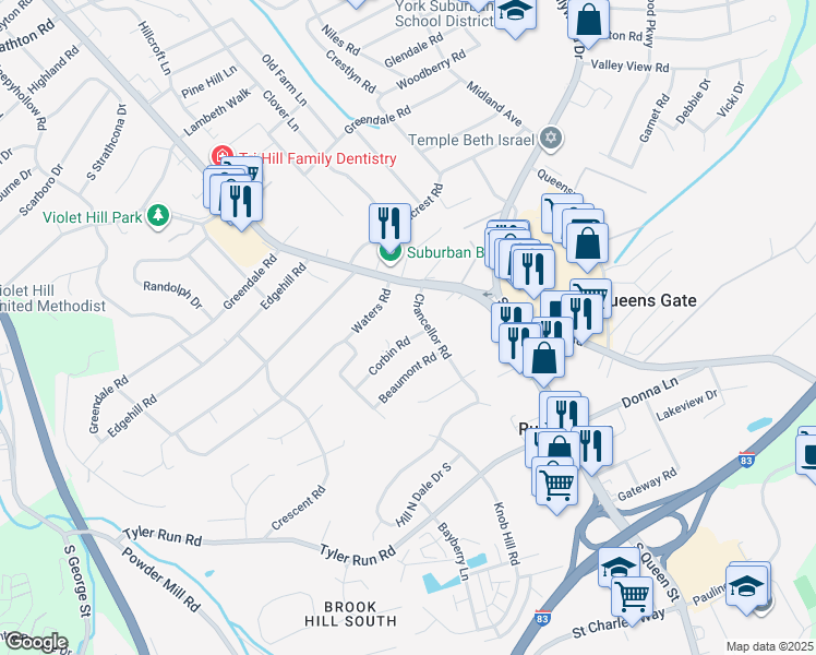 map of restaurants, bars, coffee shops, grocery stores, and more near 421 Corbin Road in York