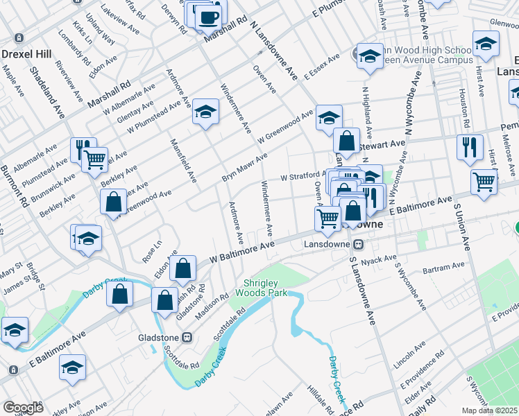 map of restaurants, bars, coffee shops, grocery stores, and more near 50 Windermere Avenue in Lansdowne