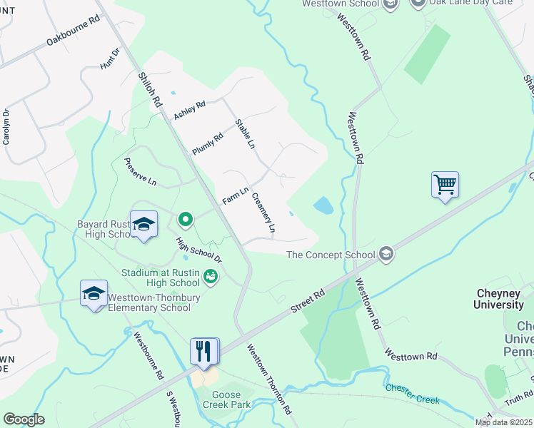 map of restaurants, bars, coffee shops, grocery stores, and more near 1069 Creamery Lane in West Chester