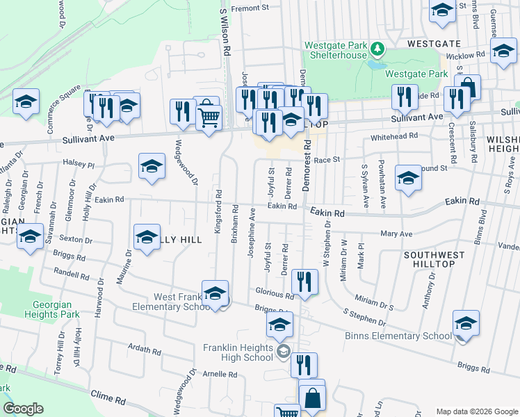 map of restaurants, bars, coffee shops, grocery stores, and more near 3537 Eakin Road in Columbus