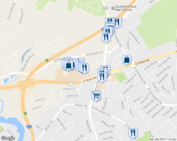 map of restaurants, bars, coffee shops, grocery stores, and more near 11 Stratford Drive in Springfield