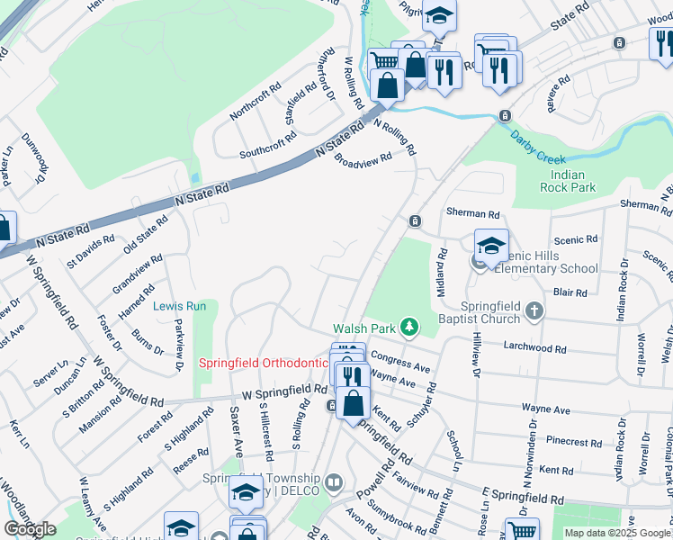 map of restaurants, bars, coffee shops, grocery stores, and more near 125 Overhill Road in Springfield