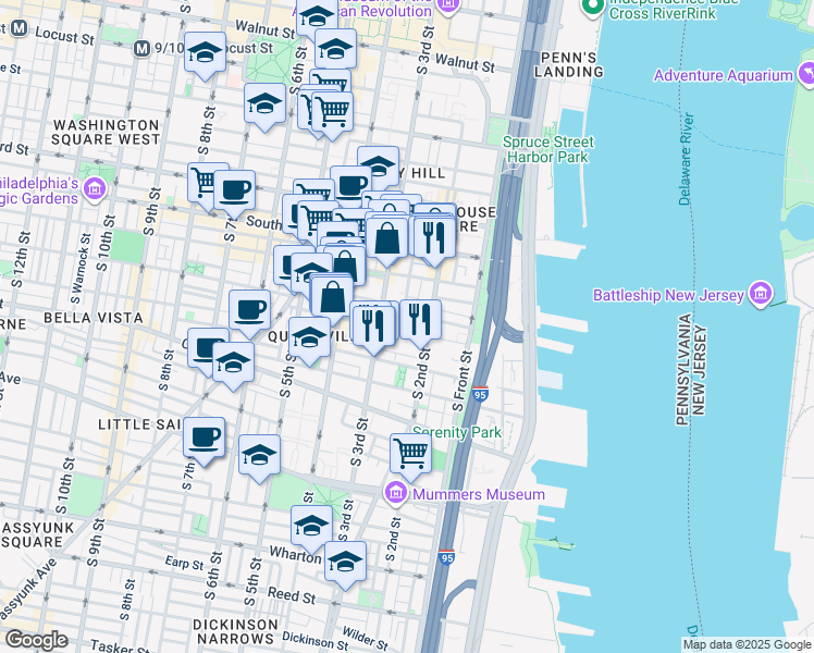 map of restaurants, bars, coffee shops, grocery stores, and more near 223 Fitzwater Street in Philadelphia