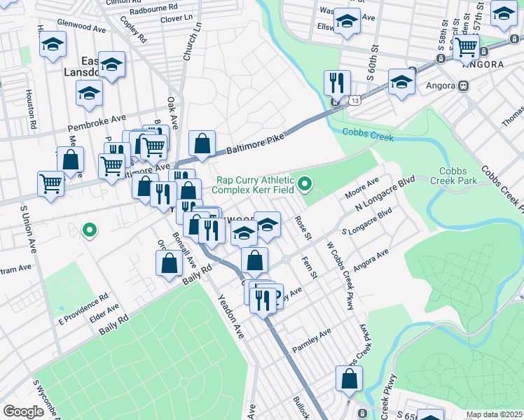 map of restaurants, bars, coffee shops, grocery stores, and more near 521 Cypress Street in Yeadon
