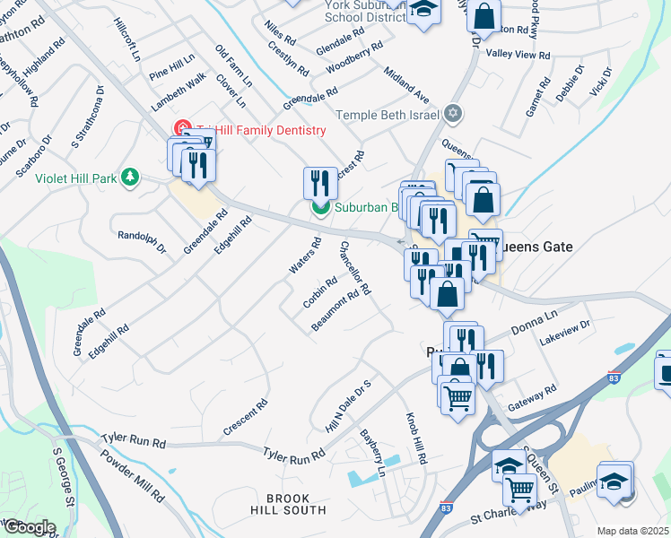 map of restaurants, bars, coffee shops, grocery stores, and more near 421 Corbin Road in York