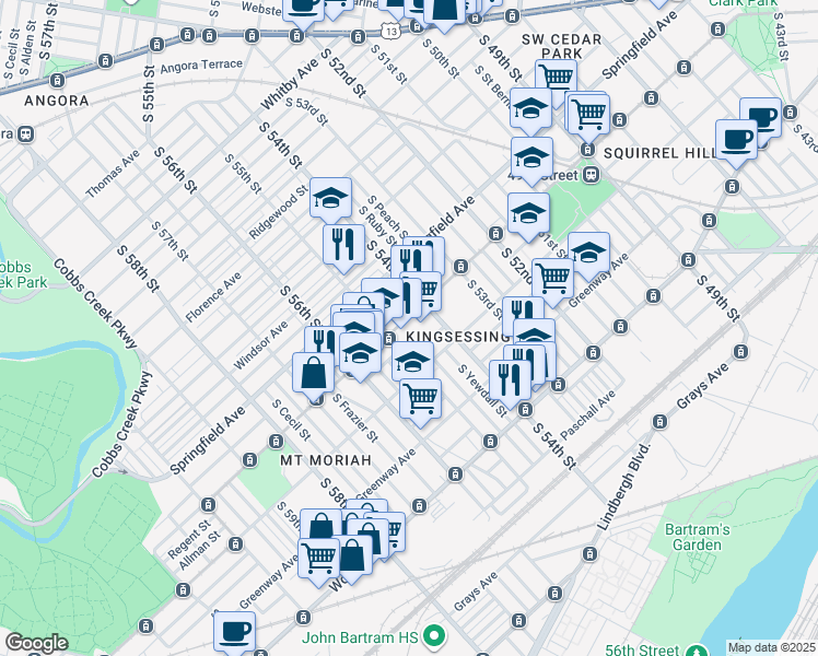 map of restaurants, bars, coffee shops, grocery stores, and more near 5418 Chester Avenue in Philadelphia