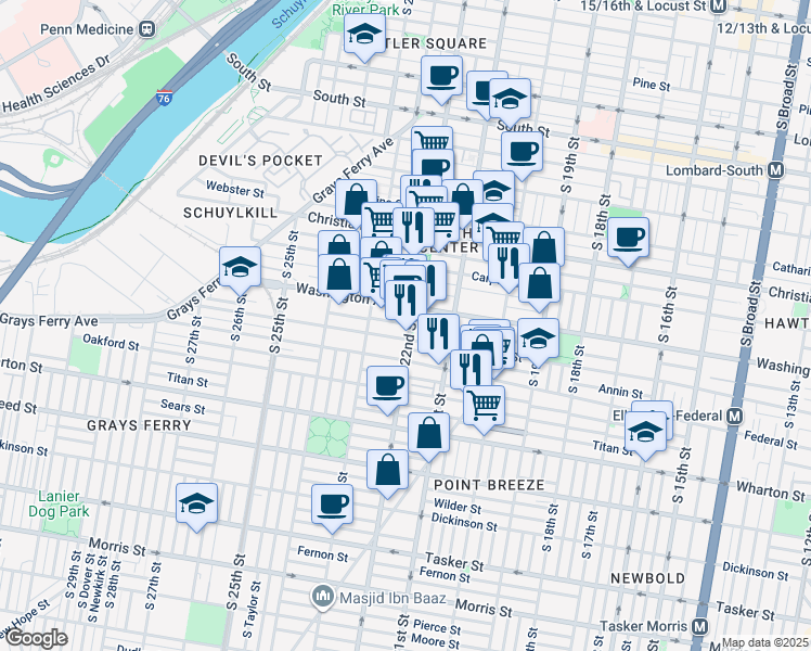 map of restaurants, bars, coffee shops, grocery stores, and more near 1108 South 22nd Street in Philadelphia