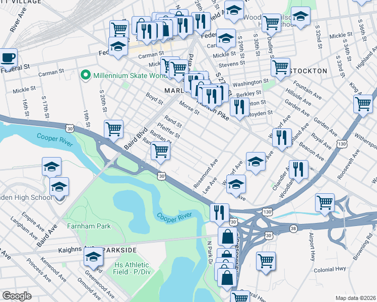 map of restaurants, bars, coffee shops, grocery stores, and more near 535 Pfeiffer Street in Camden