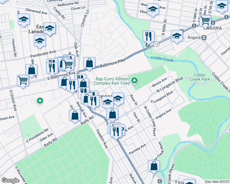 map of restaurants, bars, coffee shops, grocery stores, and more near 521 Cypress Street in Yeadon