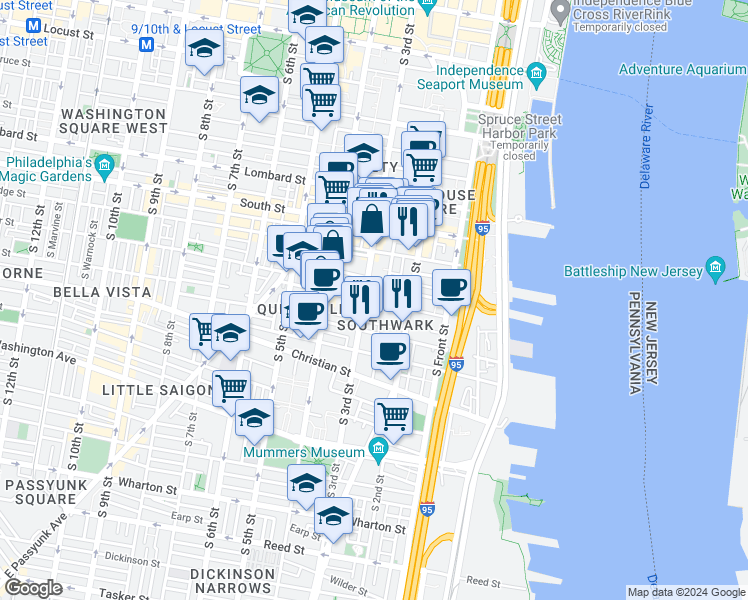 map of restaurants, bars, coffee shops, grocery stores, and more near 243 Fitzwater Street in Philadelphia