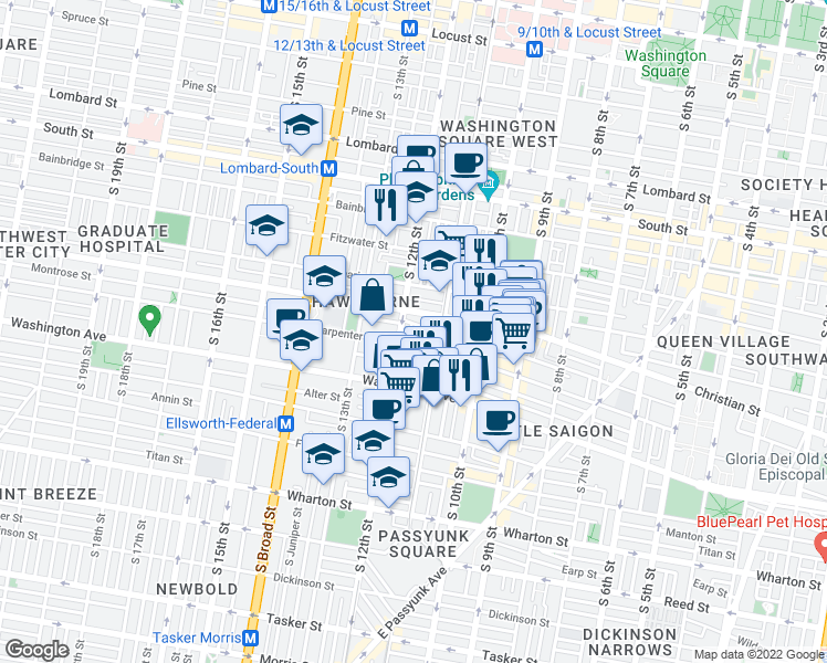 map of restaurants, bars, coffee shops, grocery stores, and more near 1130 Hall Street in Philadelphia