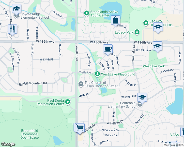 map of restaurants, bars, coffee shops, grocery stores, and more near Trails Avenue in Broomfield