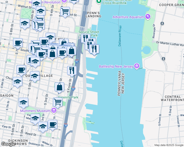 map of restaurants, bars, coffee shops, grocery stores, and more near 717 South Christopher Columbus Boulevard in Philadelphia