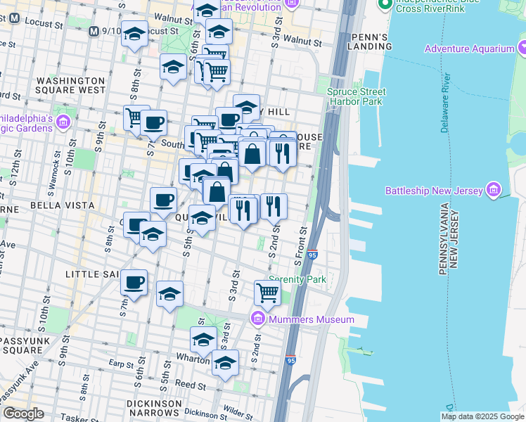 map of restaurants, bars, coffee shops, grocery stores, and more near 227 Fitzwater Street in Philadelphia