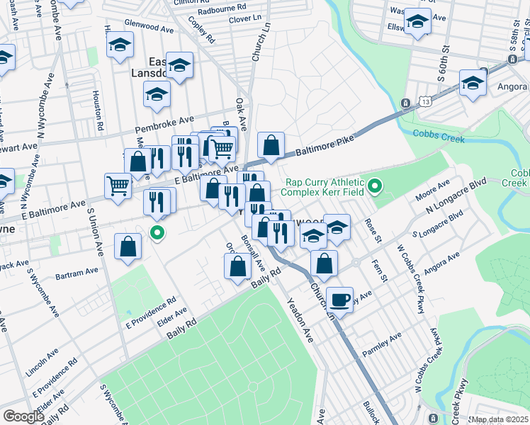 map of restaurants, bars, coffee shops, grocery stores, and more near 420 Holly Road in Yeadon