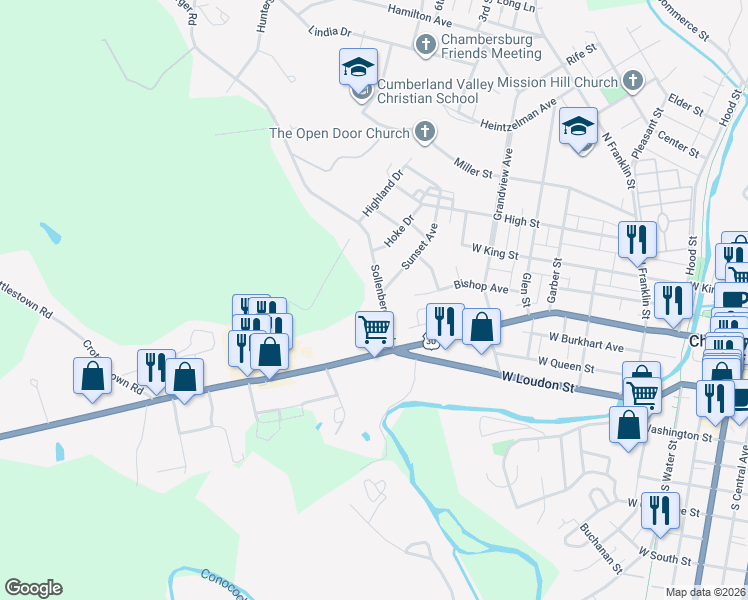 map of restaurants, bars, coffee shops, grocery stores, and more near 117 Sollenberger Road in Chambersburg