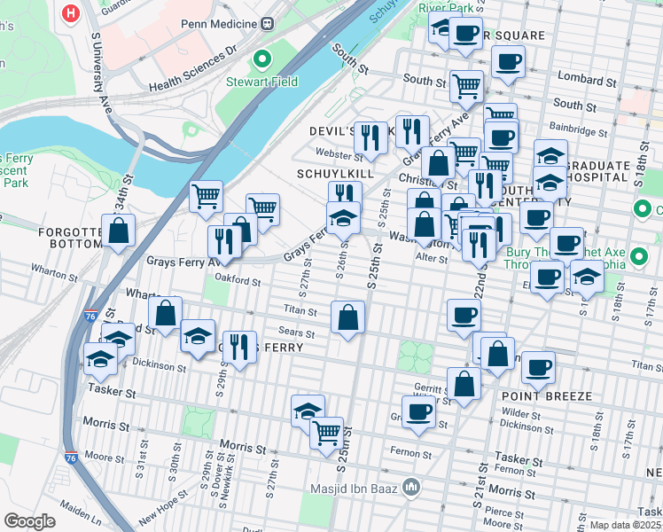 map of restaurants, bars, coffee shops, grocery stores, and more near 2614 Annin Street in Philadelphia