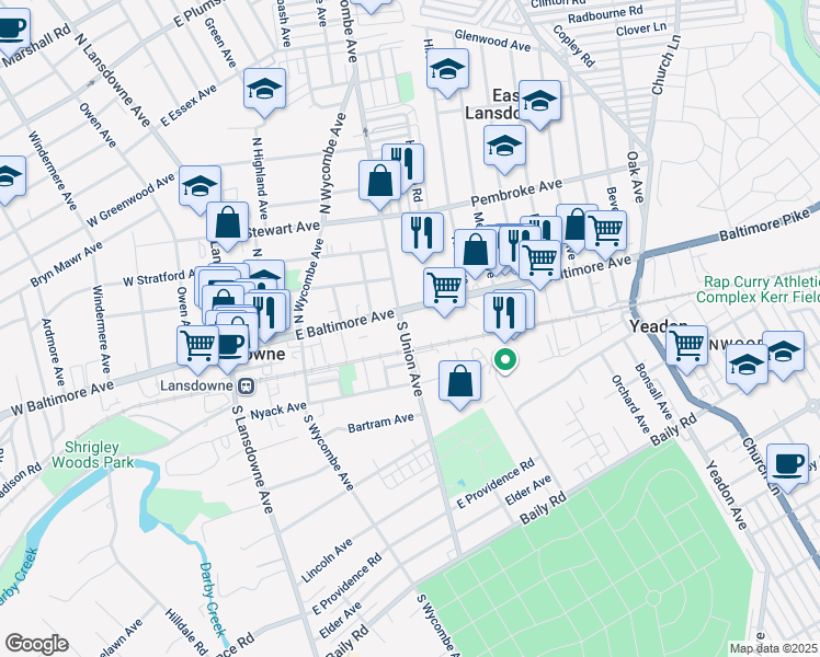 map of restaurants, bars, coffee shops, grocery stores, and more near 1 South Union Avenue in Lansdowne