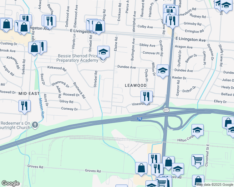 map of restaurants, bars, coffee shops, grocery stores, and more near 4082 Elaine Court in Columbus