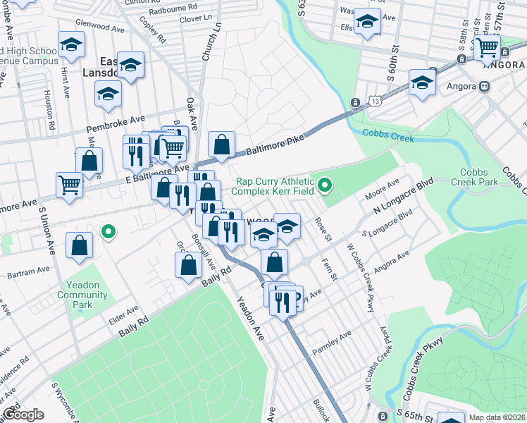 map of restaurants, bars, coffee shops, grocery stores, and more near 507 Arbor Road in Lansdowne