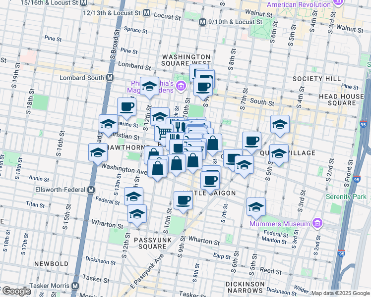 map of restaurants, bars, coffee shops, grocery stores, and more near 928 Christian Street in Philadelphia