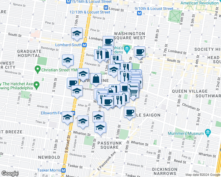 map of restaurants, bars, coffee shops, grocery stores, and more near 1108 Montrose Street in Philadelphia