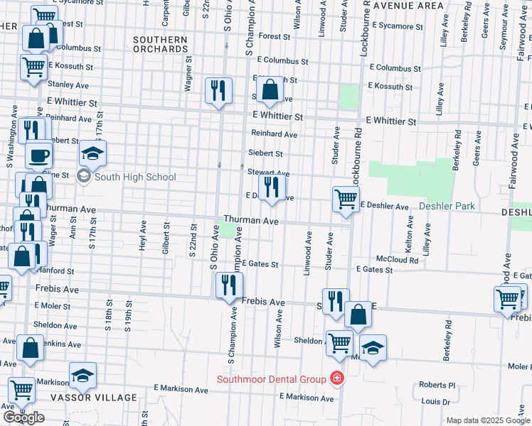 map of restaurants, bars, coffee shops, grocery stores, and more near 1280 Oakwood Avenue in Columbus