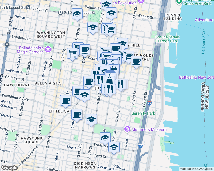 map of restaurants, bars, coffee shops, grocery stores, and more near 420 Fitzwater Street in Philadelphia
