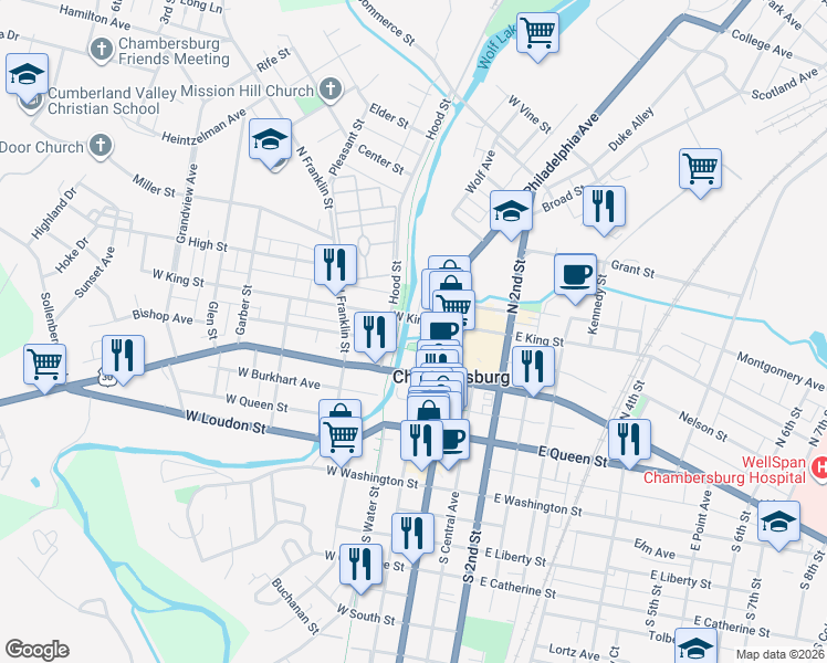 map of restaurants, bars, coffee shops, grocery stores, and more near 70 West King Street in Chambersburg