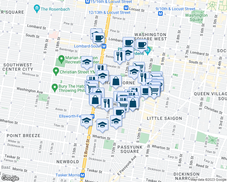 map of restaurants, bars, coffee shops, grocery stores, and more near 929 South 13th Street in Philadelphia