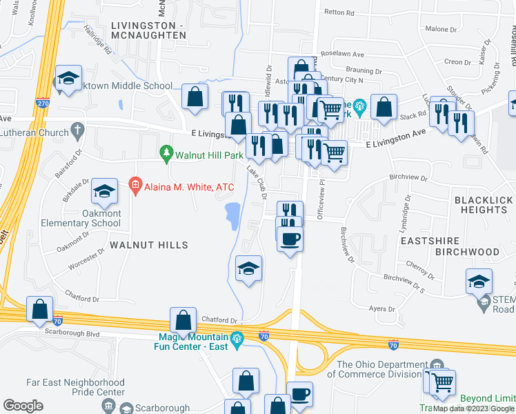 map of restaurants, bars, coffee shops, grocery stores, and more near 6019 Lake Club Court in Columbus