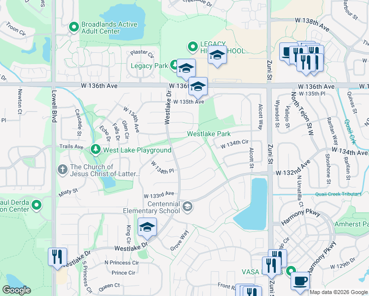 map of restaurants, bars, coffee shops, grocery stores, and more near 2985 West 134th Court in Broomfield
